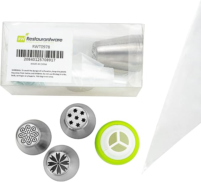 Restaurantware Pastry Tek Russian Piping Tips Set 17 Piece Durable Cake Decorating Kit - 6 Piping Tips 10 Piping Bags Stainless Steel Piping Bags And Tips Set 1 Tri-Color Coupler by Restaurantware