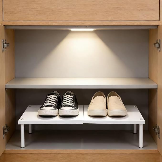 Extendable Metal Shelf Organizer - Adjustable 14.6-24.4in Length, Stackable Storage Rack for Kitchen, Pantry, Bathroom, Shoe Cabinet & Tool Closet (1 Pack, White) - Image 2