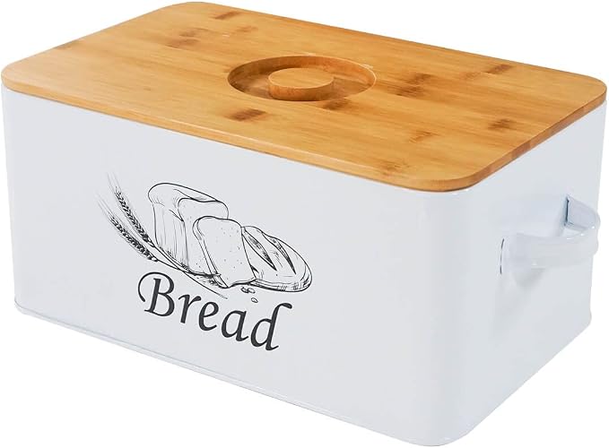 SOTECH Bread Box with 3pcs Jars Coffee Sugar Tea for Kitchen Countertop White Metal Bread Box with Bamboo Board Cover Pastry Storage Container Set Kitchen decor (White Box) by SOTECHLLC