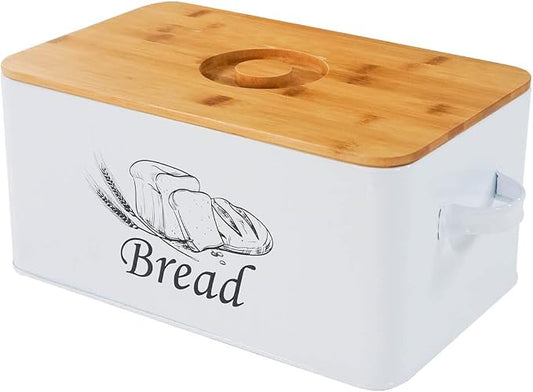 SOTECH Bread Box with 3pcs Jars Coffee Sugar Tea for Kitchen Countertop White Metal Bread Box with Bamboo Board Cover Pastry Storage Container Set Kitchen decor (White Box) by SOTECHLLC