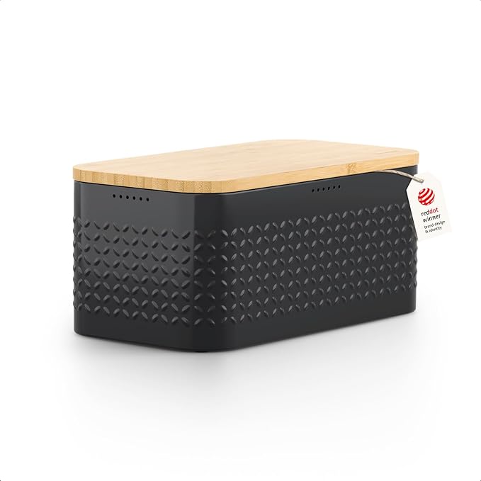 LARS NYSØM Bread Box I Metal bread box for long lasting freshness with non-slip pads I Baked goods Bin with bamboo lid usable as cutting board I 13.6x7.3x6.2in (Carbon Black) by LN