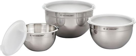Le Creuset Stainless Steel Nested Mixing Bowls with Plastic Lids, Set of 3 | Set of 3: 1.5 qt., 3 qt., and 5qt., Non-Slip Silicone Base by Unknown