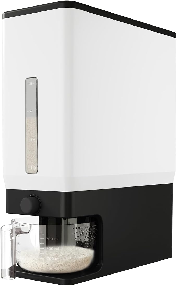 Lifewit Rice Dispenser 25 Lbs, Airtight Storage with Measuring Cup, Black | BPA-Free 11.3kg Capacity Storage Container for Beans, Corn & Other Small Grains, One-Press Dispensing Bin for Kitchen Pantry by Lifewit