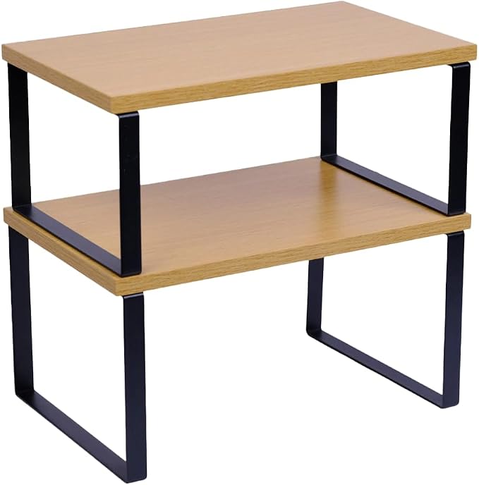 Sben Cabinet Organizer Shelf, Set of 2 Kitchen Counter Shelves, Kitchen Storage, Spice Rack, Stackable, Expandable, Metal and Engineered Wood, Ink Black and Natural Beige by SBEN
