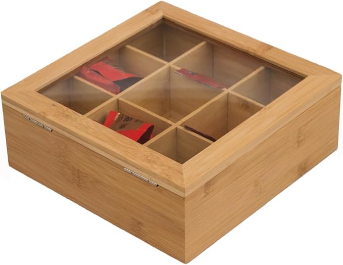 Tea Box Organizer,Bamboo Tea Box Organizer Storage Box,Wooden Teas Bag Storage with 9 Compartments and Clear Glass Cover for Home Office Gift - Image 4