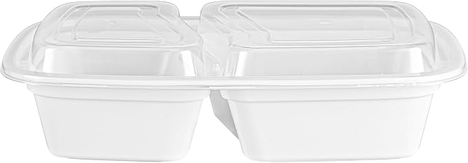 Asporto 32 Ounce Compartment Take Out Boxes, 50 Microwavable Meal Prep Containers - 2 Compartments, With Clear Plastic Lids, White Plastic Food Containers, Do Not Contain BPA - Restaurantware - Image 12
