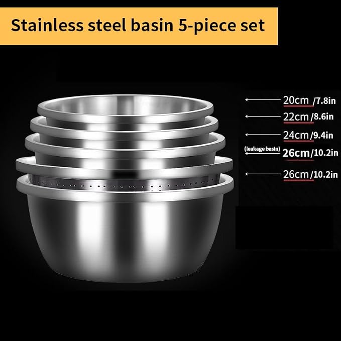 Stainless Steel Mixing Bowl Set with Colander 5-piece set, Round Nesting Bowls for Washing Vegetables, Beating Eggs, Draining, and Kneading Dough - Image 6