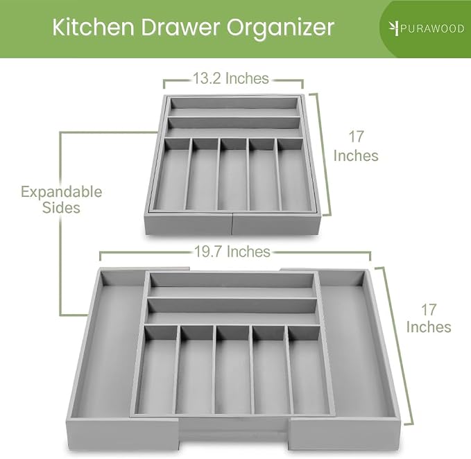 Purawood Bamboo Drawer Organizer - Expandable Silverware Organizer & Utensil Organizer, Cutlery Tray with Dividers, 7-9 Slots - Premium Kitchen Drawer Organizer for Utensils & Flatware (Grey) - Image 2