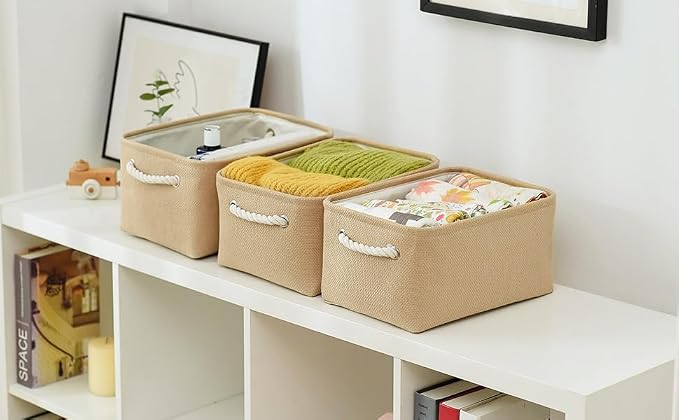 Storage Bins for Shelves - Medium 3Pack 13.8L*9.8W*6.7H inch Canves Storage Basket for Organizing, Fabric Storage with Handles for Clothes Baby Dog Toys(Beige) - Image 3