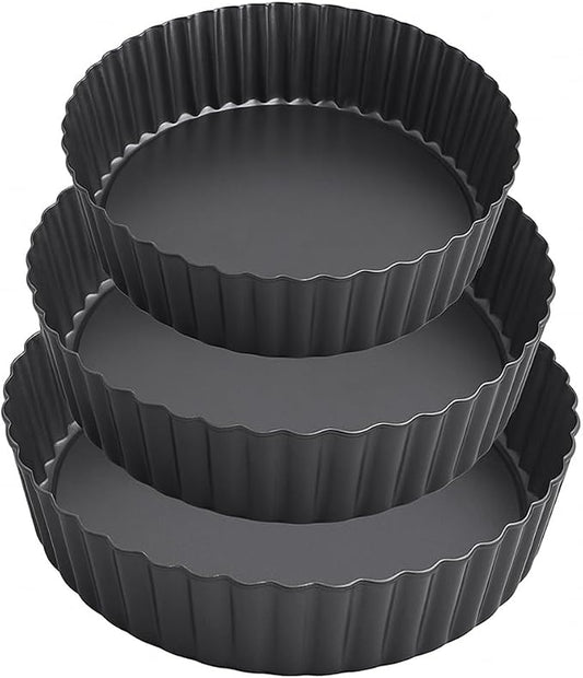 Set of 3 Deep Dish Pie Pan with Removable Bottom - Fluted Carbon Steel Tart Pan for Quiche Lorraine & Pies - Crispy Crust Baking Dish for Home Bakers - 7.87, 9.44 and 11 inches by MGE+World