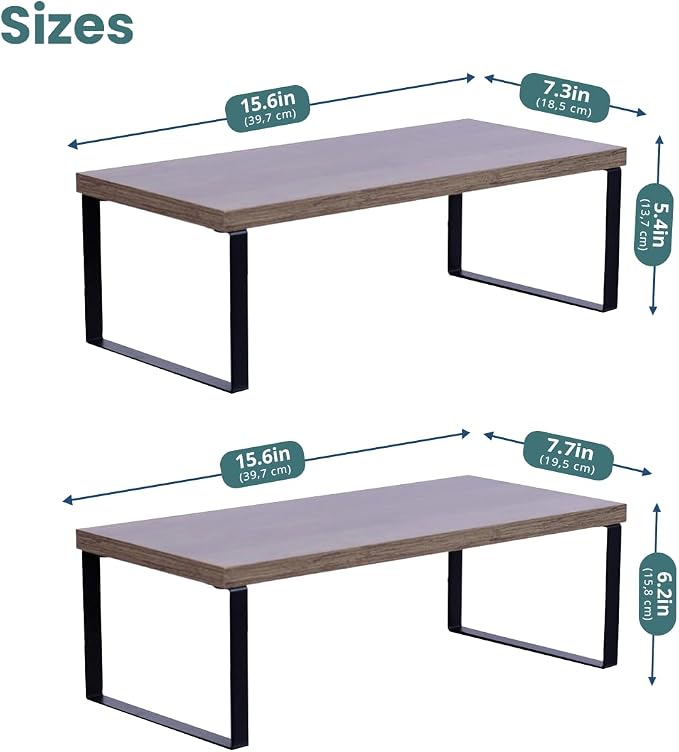 Sben Cabinet Organizer Shelf, Set of 2 Kitchen Counter Shelves, Kitchen Storage, Spice Rack, Stackable, Expandable, Metal and Engineered Wood, Ink Black and Brown Surface - Image 3