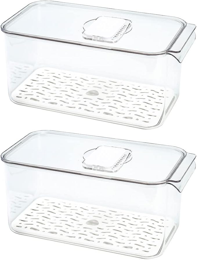 SANNO Produce Saver Refrigerator Organizer Bins with Lids And Removable Drain Tray Food Storage Container Fridge Stackable Freezer Bins For Kitchen Produce Fruit Vegetable (Set of 2) by SANNO
