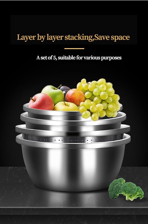 Stainless Steel Mixing Bowl Set with Colander 5-piece set, Round Nesting Bowls for Washing Vegetables, Beating Eggs, Draining, and Kneading Dough - Image 3