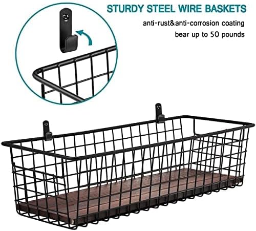 SheeChung [Extra Large Wall Storage Basket, Metal Hanging Basket, Black | Wooden Base & Handle, Wire Farmhouse Food Storage Organizer for Home Kitchen Bathroom Pantry Laundry Closet Garage RV, 2 Pack - Image 3