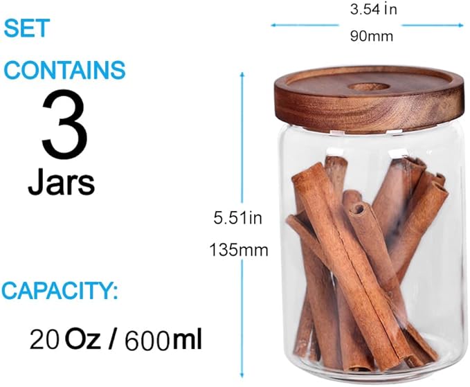SAIOOL Glass Jars, Food Storage Containers with Airtight Acacia Lids, 20FL OZ(600ml) Glass Canisters Set-3, Clear Containers Suit for Storing Tea, Coffee, Flour, Candy, Cookie, Rice, Sugar, Pasta - Image 2