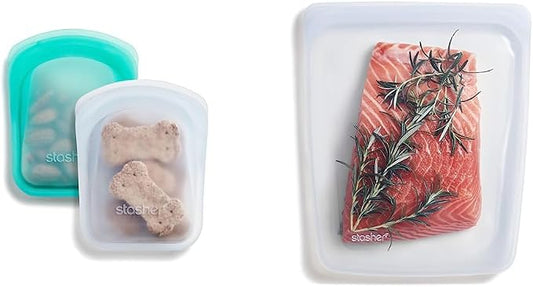 Stasher Reusable Silicone Storage Bags, Food Storage Containers, Microwave and Dishwasher Safe, Leak-free, Pocket 2-Pack + 1/2 Gallon Bag by Stasher