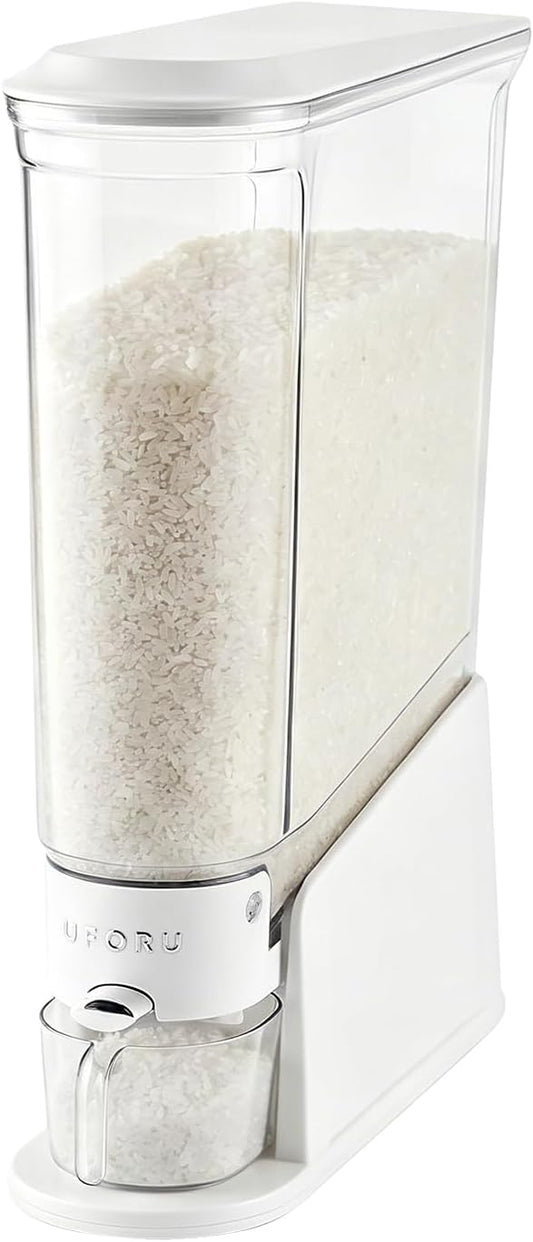 UFORU Slim Rice Dispenser 22 LB,Clear Rice Storage For Small Spaces | White,BPA-Free Sealed Design for Rice, Grain And Cereal,Rice Container Fits Narrow Pantry Shelves and Countertops by UFORU