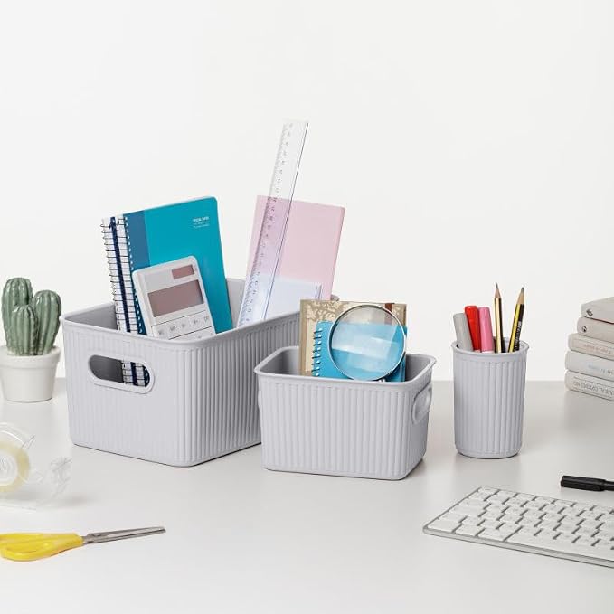Superio Ribbed Collection - Decorative Plastic Basket Open Home Storage Bins Organizer, White Smoke (Set of 4) 1 Large, 1 Medium, 2 Small - Containers for Organizing Closet Storage Bins for Shelves - Image 8