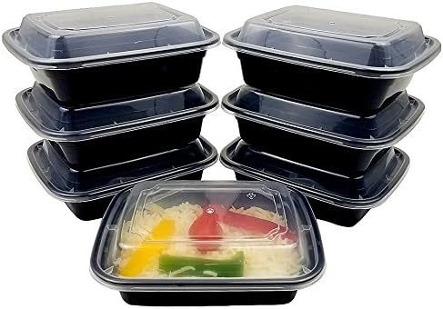 12 oz. Rectangular Microwaveable Black Plastic Disposable Food Storage Container with Lids - BPA Free (Pack of 25 Sets) by PACTOGO