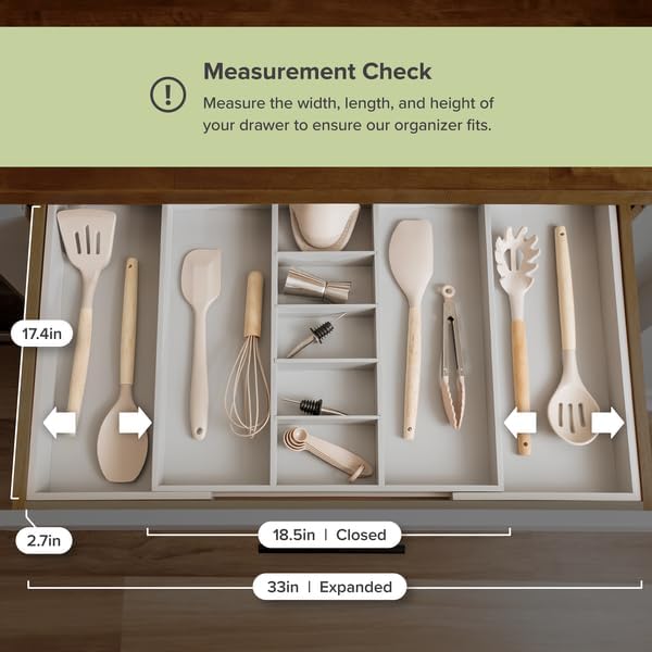 Utensil & Junk Drawer Organizer, 19-33 in, Gray Bamboo | Food-safe contract grade, 100% sustainable wood, non-slip, adjustable - Image 4