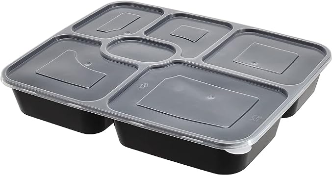 Restaurantware Asporto 53 Ounce Food Containers 100 Microwavable Take Out Food Containers - Clear Plastic Lids Included WIth 6 Compartments Black Plastic Catering Food Containers Disposable - Image 2