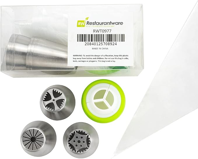 Restaurantware Pastry Tek Russian Piping Tips Set 20 Piece Durable Cake Decorating Kit - 9 Piping Tips 10 Piping Bags Stainless Steel Piping Bags And Tips Set 1 Tri-Color Coupler by Restaurantware