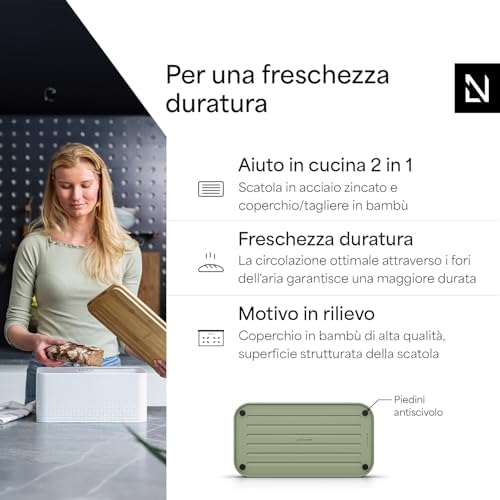 LARS NYSØM Bread Box I Metal bread box for long lasting freshness with non-slip pads I Baked goods Bin with bamboo lid usable as cutting board I 13.6x7.3x6.2in (Sage Green) - Image 4