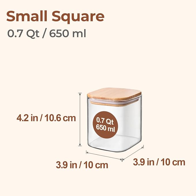 ComSaf Square Glass Containers with Lids 0.7 Qt, Set of 6 Pantry Galss Jars | Glass Storage Containers with Lids, Small Canisters, Spice Jar, Bamboo Lid with Silicone Seal, Size For Subpackage, BPA Free - Image 2