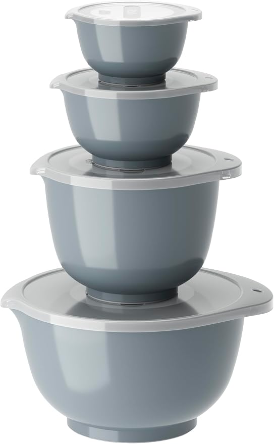 Rosti Margrethe Set of 4 Plastic Mixing Bowls - 4 Lids Included - Airtight Salad Bowls - Airtight Salad Bowls - 0.25 Litre, 0.5 Liter, 1.5 Litre and 3 Litre, Pastel Blue by Rosti