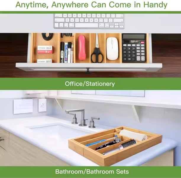 Bamboo Kitchen Drawer Organizer Expandable Silverware Organizer Tray, Adjustable Utensil Organizer for Kitchen Drawers, Deep Compartment Wooden Cutlery & Flatware Storage, Fits 13-19.6 Inch Drawers - Image 4