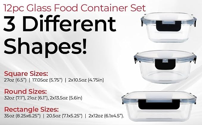 Magic Mill Premium Borosilicate Glass Food Storage Containers with lids Set | 24pc Sets with 12 Bowls & 12 Airtight Locking Lids for Lunch & Meal Prep, Safe for Oven, Freezer, Dishwasher, BPA-Free - Image 7