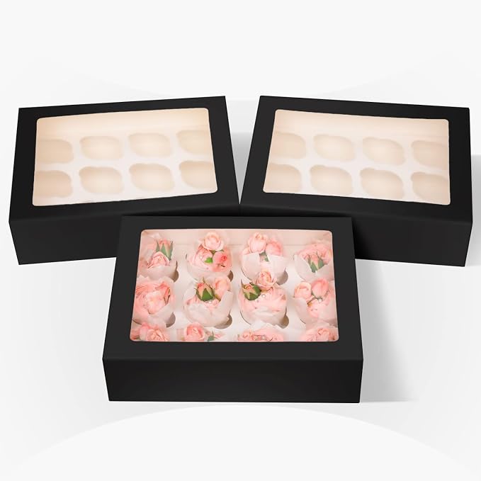 qiqee Auto-pop Up Cupcake Boxes with Window Black 40PCS 12 Count Cupcake Box 13"x10"x3.5" Cupcakes Carrier, 12 Cupcake Containers with 2 rolls of pink ribbons - Image 2