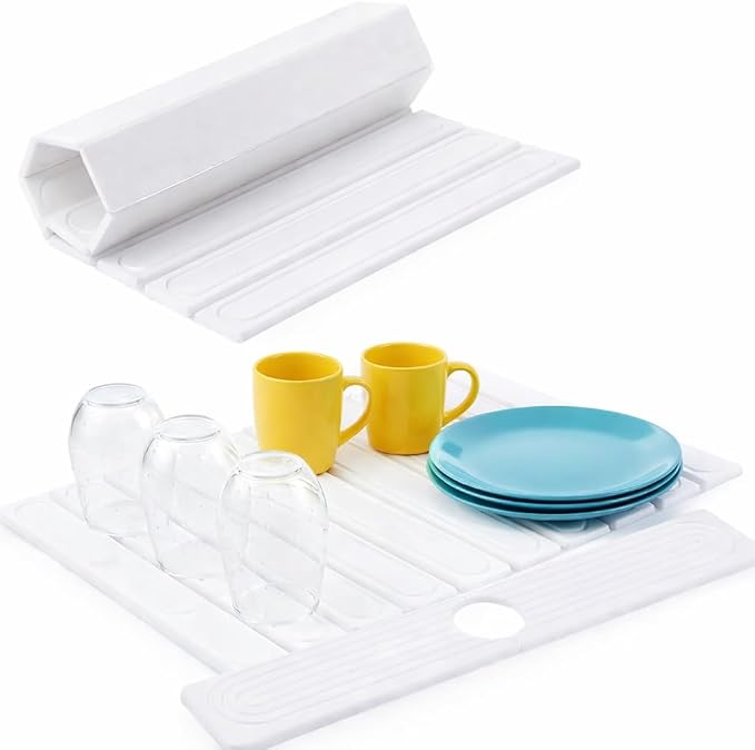 2-In-1 Stone Dish Drying Mat Set For Kitchen Counter. New Collapsiable Space Saving Diatomaceous Earth Stone Dish Mat 23.6"(L)x15.3"(W) + Faucet Protector 23.6"(L)x4(W)- Ultra Absorbent Non-Slip-White by Unknown