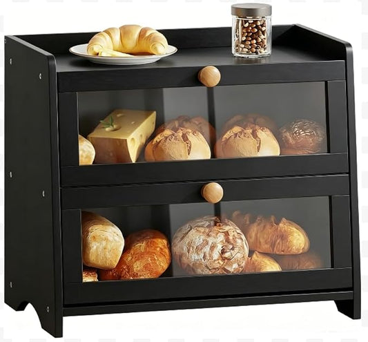 BAMBANG Bread Box for Kitchen Countertop, Extra Large Bamboo Bread Storage Container for Homemade Bread, Double Layer Breadox, Bread Bin Organizer for Counter Cabinet Pantry, Black by BAMBANG