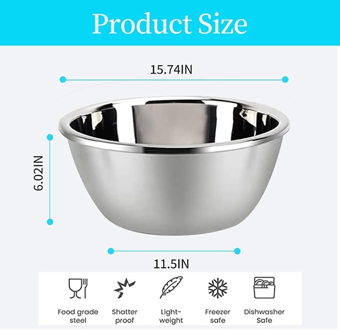 meleg otthon Stainless Steel Mixing Bowl, Stainless Steel Basin, 18.5QT Mixing Bowls,Heavy Duty Deeper Edge Mirror Finish Dishwasher Safe Bowl(15.74'' diameter x 6.02''high) - Image 2