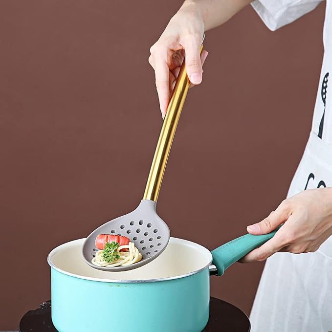 Gold Skimmer, Berglander Non-stick Silicone Strainer With Titanium Gold Plating handle, Kitchen Cooking Skimmers For Non-Stick Cookware, Dishwasher Safe, Easy to Clean - Image 6