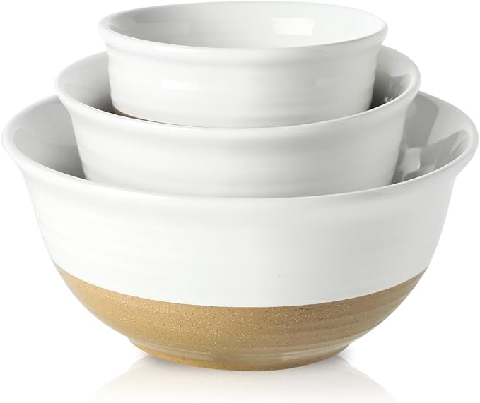 HASENSE Ceramic Serving Bowls, Large Salad Pasta Mixing Bowls Set, 2.1/1.0/0.5 Qt for Entertaining, White Nesting Batter Bowls for Prepping Baking, Dishwasher Microwave Safe, Set of 3 by Hasense