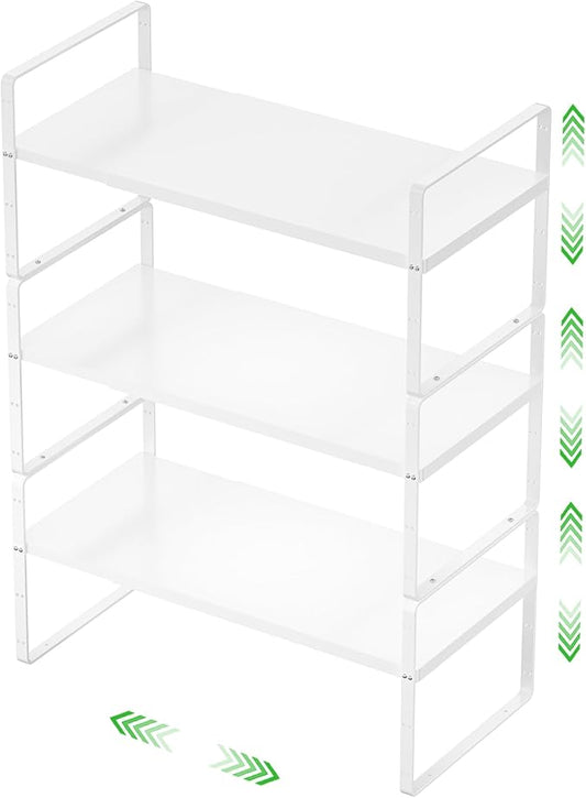 Expandable Cabinet Shelf, Stackable Organizer Rack, White Large 3 PK | Adjustable Fit, Stackable Height Options, Nonslip Base, Larger Capacity, Cabinet/Pantry Organization by SOFRON