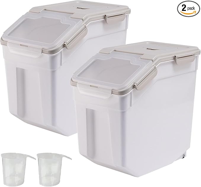 AnRui Rice Storage Container 50LB, Airtight Flour Storage Containers, Plastic Cereal Grain Dispenser Organizer Pet Food Storage Bin with Lid, Measuring Cup, Scoop, Gray, 2Pcs(Total Capacity:100LBS) by AnRui