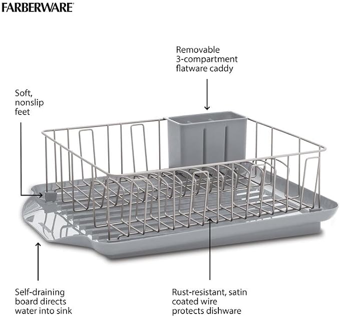 Farberware Classic 3-Piece Dish Drying Rack Set, Gray - Rust-Resistant Dish Rack for Kitchen Counter with Self-Draining Board and Flatware Caddy - Image 2