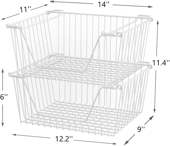 Slideep 14'' Large Stackable Storage Baskets Cabinet Organizer Sturdy Metal Wire Pantry Freezer Bin for Pantry Home Bathroom Kitchen Organization White - 4 Pack - Image 4