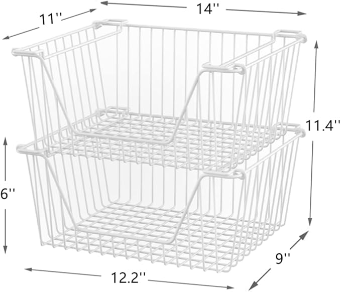 Slideep 14'' Large Stackable Storage Baskets Cabinet Organizer Sturdy Metal Wire Pantry Freezer Bin for Pantry Home Bathroom Kitchen Organization White - 2 Pack - Image 4