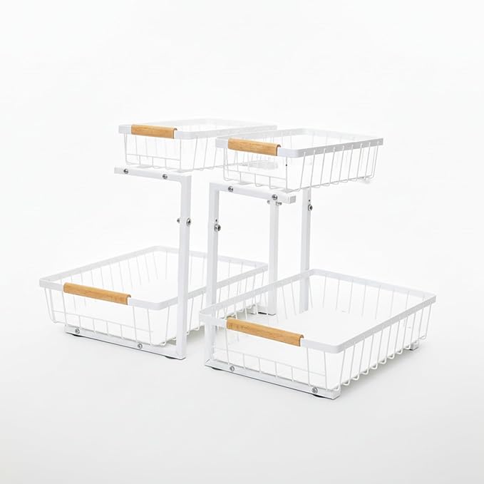 Under Sink Organizer 2 Pack, 2 Tier Pull Out Cabinet Organizers and Storage for Kitchen Bathroom Pantry Laundry, Adjustable Height, Slide Out Thickened Metal Storage Shelf (White, 2 Pack) - Image 2