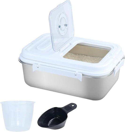 15Lbs Airtight Rice Container with Flip Lid, Stainless Steel Food Storage Container with Date Tracker, Measuring Cup and Spoon, 7.5L Portable Kitchen Pantry Bin for Flour Grain Sugar - Silver by Mairuker