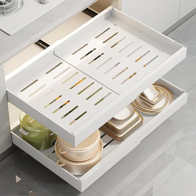 Pull-out Cabinet Organizer, ExpandableHeavy Duty Slide out Drawers Fixed with Adhesive Nano Film for Pots, Roll out Shelf Storage for Kitchen Base Cabinet Organization (white-2PCS) by EOJDDPA