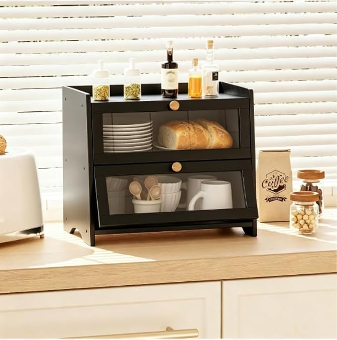 BAMBANG Bread Box for Kitchen Countertop, Extra Large Bamboo Bread Storage Container for Homemade Bread, Double Layer Breadox, Bread Bin Organizer for Counter Cabinet Pantry, Black - Image 6