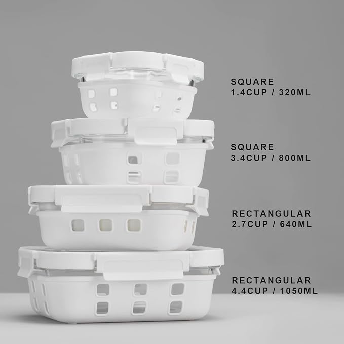Glass Food Storage Meal Prep Containers - Food Grade Silicone Wrap & Air Release Vent, Rectangular shape - 8 Pc Set (4 Containers - 4 Matching Lids) - Image 4