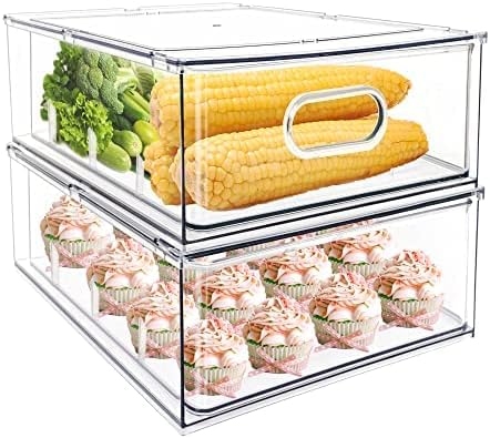 2Pack Stackable Fridge Drawers Pull-Out Bins Divided Produce Saver Containers for Refrigerator Storage Organizers for Veggie Fruit Berry Pantry Cabinet Makeup Clothes by MineSign
