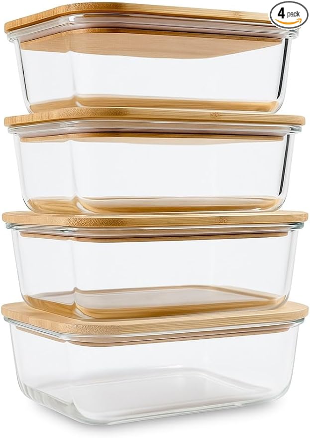 Glass Food Storage Containers with Bamboo Lids (4-Pack, 36oz) Airtight, Leakproof, BPA-Free Borosilicate Glass Meal Prep Containers – Eco-Friendly, Oven/Microwave/Freezer Safe-Plastic-Free & Reusable by Unknown