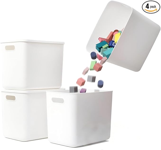 4 Piece Plastic Storage Baskets Boxes with Lids,11.8 x 8 x10 Inch Stackable Organizing Bins with Handles,White Versatile Containers for Pantry,Bathroom,Closet Shelves Desktop (White, 4XL) by Amyup